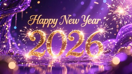 Violet and gold Happy New Year 2026 with magical sparkles dreamy fantasy festive atmosphere cinematic glow
