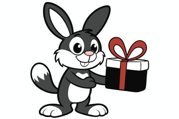 Fototapeta premium Joyful grey cartoon bunny happily presents a colorful gift box with a bow