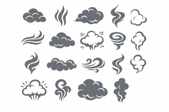 Collection of abstract cloud and wind icons in gray tones