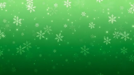 Delicate snowflakes falling against green background