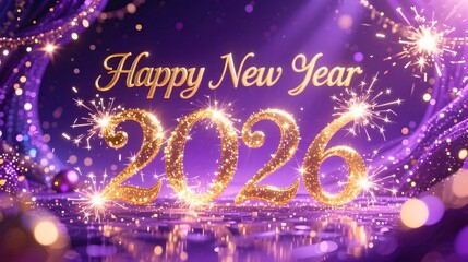 Violet and gold Happy New Year 2026 with magical sparkles dreamy fantasy festive atmosphere cinematic glow
