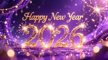 Violet and gold Happy New Year 2026 with magical sparkles dreamy fantasy festive atmosphere cinematic glow