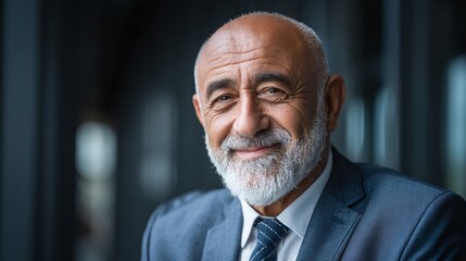 Portrait of a senior professional businessman with a white beard and gray hair, wearing a blue business suit, smiling. Confident leader with experience and wisdom.