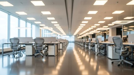 Modern office space with rows of workstations and natural light