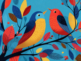 Fototapeta premium Vibrant mid-century modern illustration featuring various colorful, geometric birds perched on textured tree branches against a neutral, abstract background.