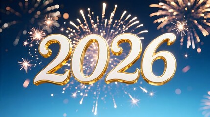 White 2026 typography with golden edges blue gradient background fireworks explosion bokeh sparkle cinematic shot