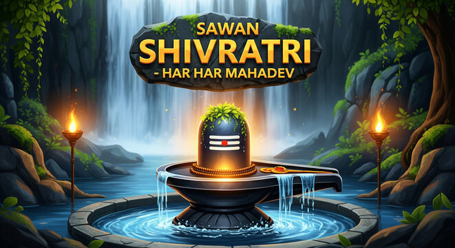 A divine representation of sawan shivratri, featuring a sacred shiva lingam amidst a serene waterfall, invoking the powerful mantra of har har mahadev