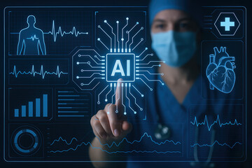 Healthcare professional wearing a mask interacts with a digital interface displaying AI technology and medical data visuals, symbolizing artificial intelligence in healthcare and diagnostics