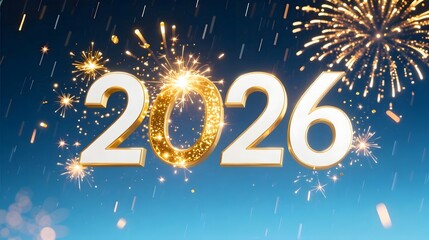 White and gold 2026 typography on gradient blue background fireworks bursting golden sparkles raining down cinematic