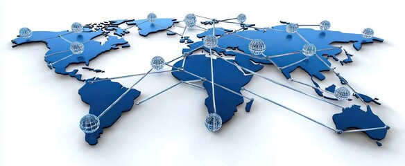Abstract 3D Global Network: Blue World Map with Interconnected Wireframe Globes on White