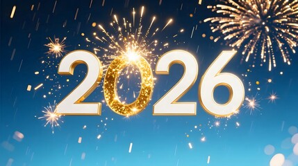White and gold 2026 typography on gradient blue background fireworks bursting golden sparkles raining down cinematic