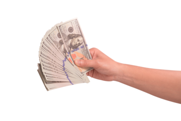Hand holding stack of hundred US dollar bills, isolated on transparent PNG. Studio shot for finance and currency exchange concepts.