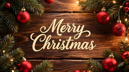 Wooden background with pine branches and red ornaments Merry Christmas text in elegant calligraphy cozy warm lighting