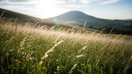 Serene landscape with rolling hills and wildflowers