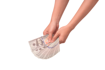 Hand holding stack of hundred US dollar bills, isolated on transparent PNG. Studio shot for finance and currency exchange concepts.