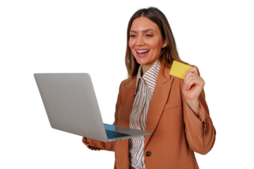 Happy woman shopping online, holding laptop and credit card for e-commerce payment on transparent background