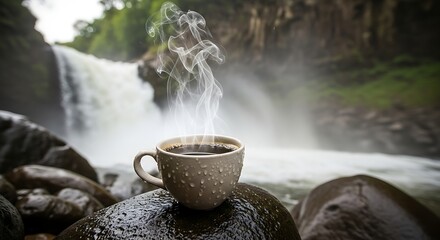 Steaming coffee cup in front of a waterfall nature background serene ambiance