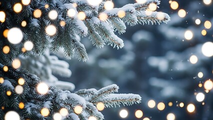 Snow covered pine tree branches with christmas lights