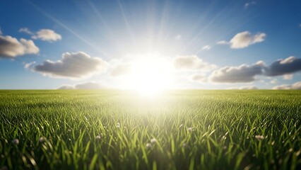 Beautiful green field under bright sunshine and blue sky