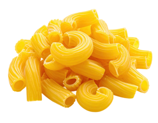 Pile of golden, curved elbow macaroni pasta on black