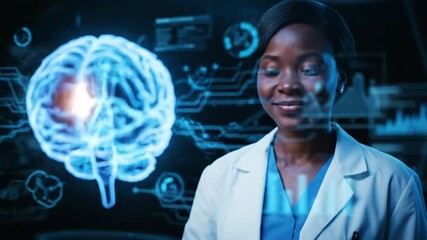 Female Scientist Interacting With Holographic Brain Interface Representing Artificial Intelligence And Advanced Medical Technology - Powered by Adobe