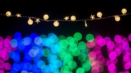 Festive string lights with colorful bokeh effect at night