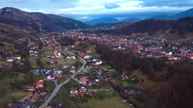 Aerial View of Moeciu de Jos Village in the Carpathian Mountains, Romania