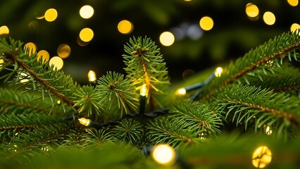 Christmas tree branches with warm yellow lights