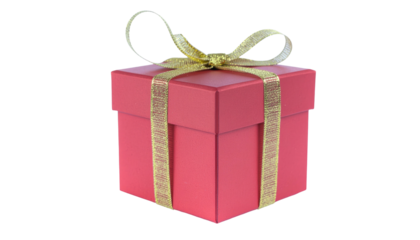 Red gift box, golden ribbon, tied in a bow