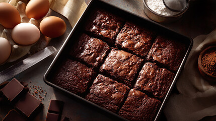 Freshly baked brownies in a square pan, ready to be enjoyed. A comforting treat with eggs, chocolate, and flour on the table. Pure baking bliss! #Brownies #Baking