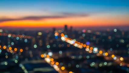 Cityscape at dusk with blurred lights and orange sky