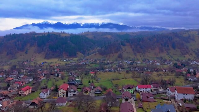 Aerial Timelapse of Moeciu de Jos Village in the Carpathian Mountains, Romania