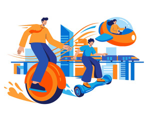 Urban commuters on hoverboards and futuristic transportation in a vibrant cityscape with a sleek, modern design