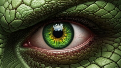 Obraz premium Close up of a green reptile eye with colorful iris and scaly skin