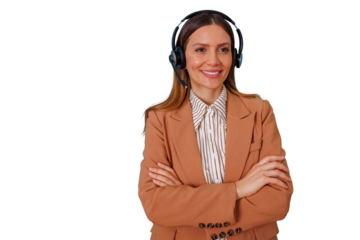 Smiling customer service agent wearing a headset, providing help and support, communicating effectively on transparent background