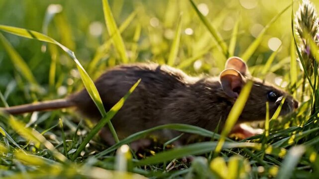 Brown mouse hiding in green grass on a sunny day.