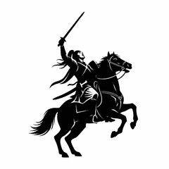 Fototapeta premium Warrior Woman Riding Horse Sword Raised High.