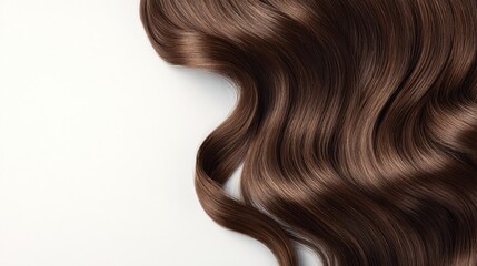 Silky waves of brown hair cascade against a clean white backdrop. The glossy strands, with subtle highlights, create an elegant pattern of curls & movement. A display of color & texture.