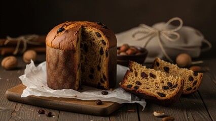 Panettone bread on a wooden cutting board with slices and nuts