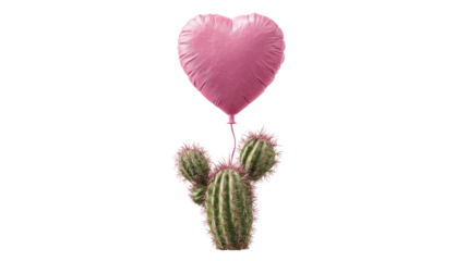 Cactus holding pink heart balloon, symbolizing fragile love and unexpected romance, contrasting softness with sharp thorns on transparent background