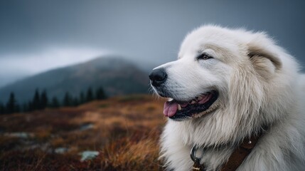 Fototapeta premium Majestic mountain dog portrait showcasing a serene expression. The dog is in a natural setting with misty mountain backdrop. Its coat blends with the atmosphere.