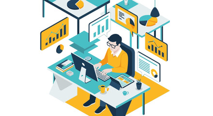 Businessman working at desk with analytics charts and data visualization on screens