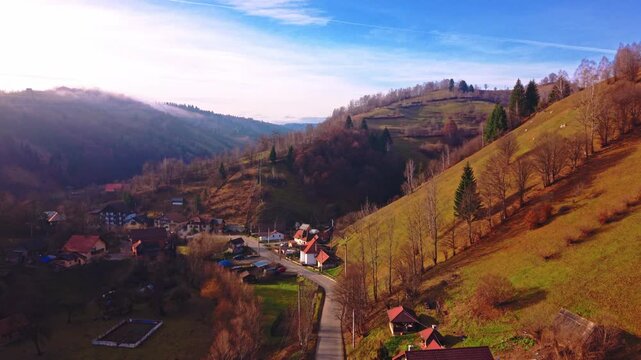 Aerial View of Moeciu de Jos Village in the Carpathian Mountains, Romania