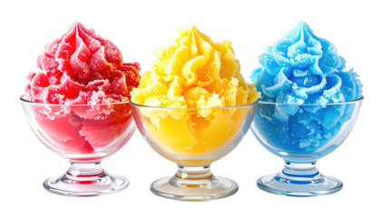 Three colorful, icy shaved ice desserts in glass bowls