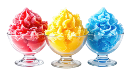 Three colorful, icy shaved ice desserts in glass bowls
