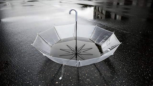 Clear Transparent Umbrella Upside Down on Wet Pavement During Rain