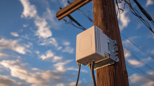 A modern white device mounted on a wooden utility pole against a backdrop of a picturesque blue sky with soft, scattered clouds during golden hour. Cables connect.