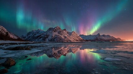 Naklejka premium The lake reflects the Aurora Borealis over the snow-covered mountains. The frozen sea, the snow-covered mountains, and the water's reflection on a winter's night. Norway's Lofoten. Snow-covered rocks 