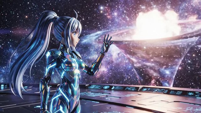 Sci-fi anime girl gazing at space anomaly