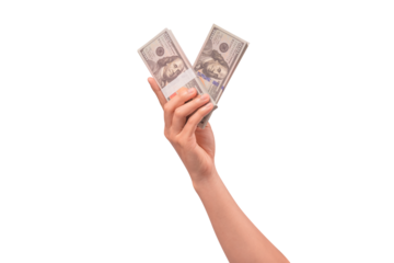 Hand holding stack of hundred US dollar bills, isolated on transparent PNG. Studio shot for finance and currency exchange concepts.